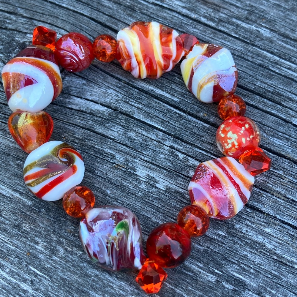 NWT Candy Coloured Lampwork Glass Swarovski Crystal Stretch Bracelet Earring Set